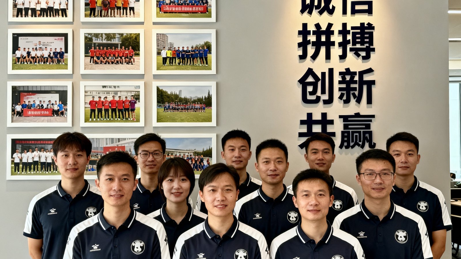 熊猫体育团队在浦东新区办公室合影,文化墙展示团队照片与价值观